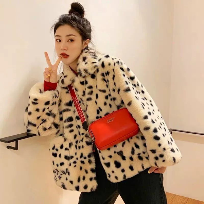 Faux Fur Coat Korean Version, Spotted Leopard Print, Imitation Cotton Lining, Thickened Winter