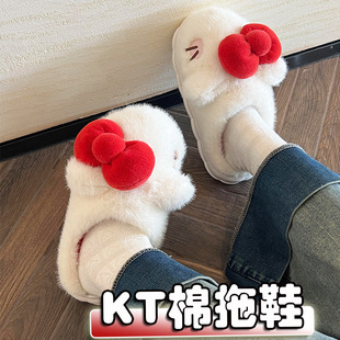 Hellokitty Plush Slippers 2024 Autumn and Winter New Style Female High-Looking and Cute Kt Cat Outer Wear Fleece-Lined Cotton Slippers