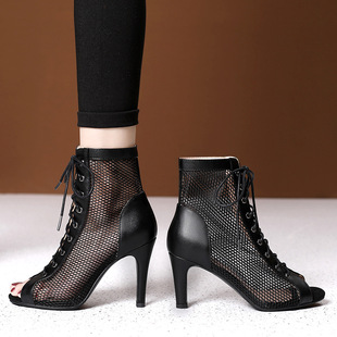Mesh Fishmouth Sandals Women's Summer Stiletto Hollow Short Boots Jazz Dance High Heels Sandals Lace-up Large Size