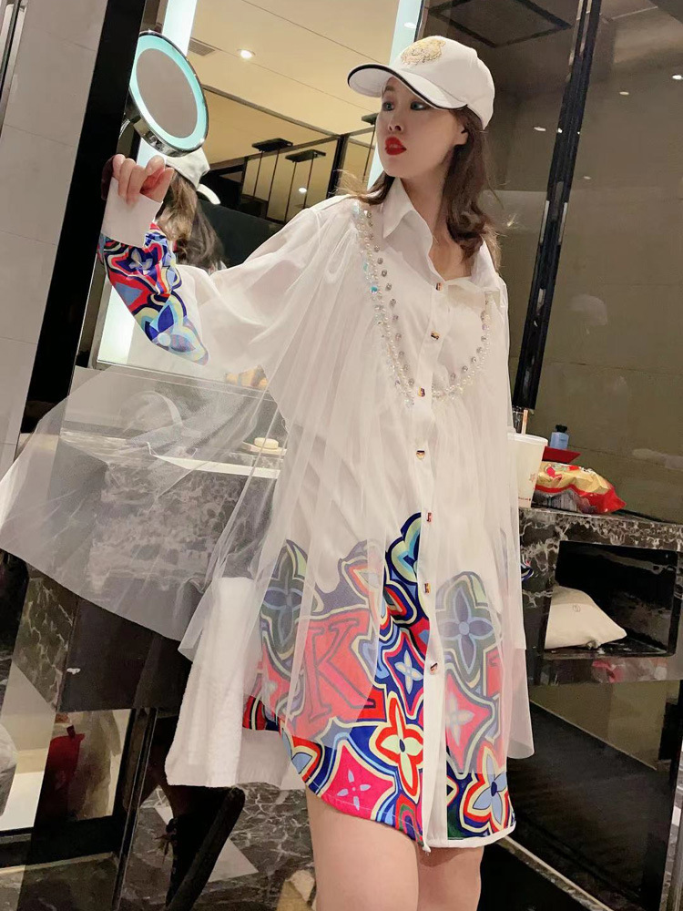 潮牌2021春秋季新款设计感卡通钉珠开衫衬衣洋气宽松中长款衬衫女|ru