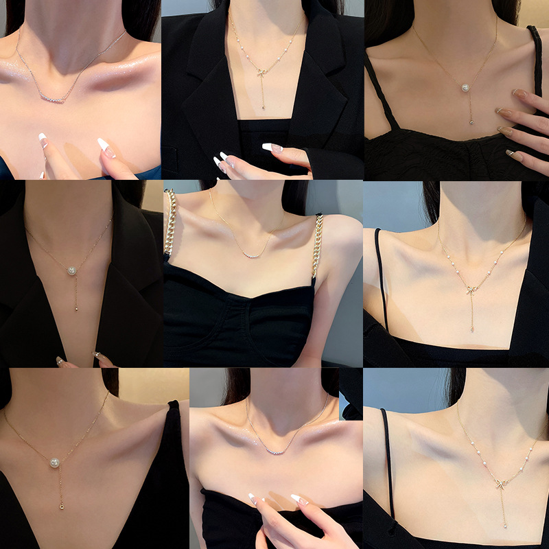 Fashion Bow Knot Titanium Steel Inlay Artificial Diamond Pendant Necklace Colorza_colorza_5