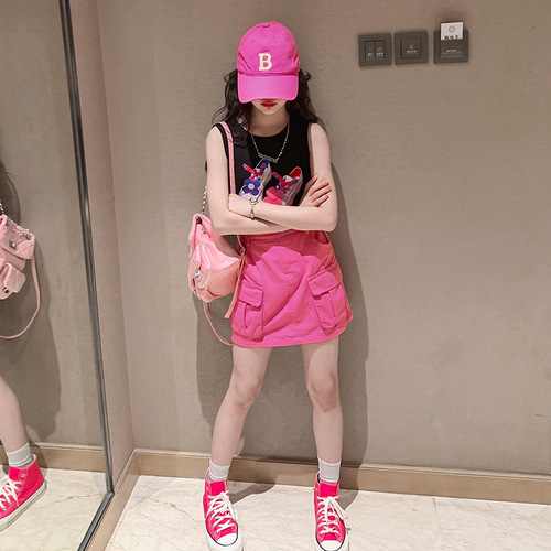 Girls' Vest Workwear Skirt Suit  Summer New Korean Version Medium and Large Children's Style Sleeveless T-Shirt Short Skirt Trendy