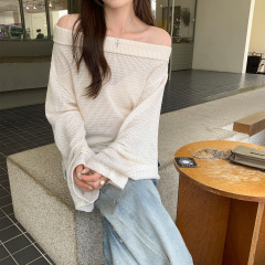 不对称斜领镂空白色针织衫女2025秋季设计感小众宽松别致长袖上衣