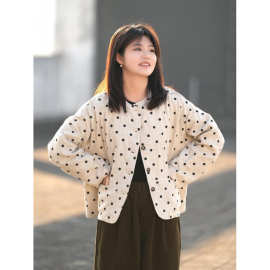 2025新款亚麻加棉短外套上衣气质波点通勤显瘦文艺棉麻秋冬麻色女