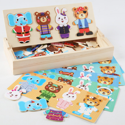Children's wooden educational early education cartoon small animal dressing puzzle bear changing clothes puzzle toy ce