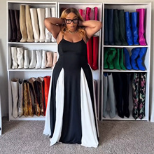 77688国际站亚马逊欧美大码百褶裙女装拼色吊带时尚宽松拖地裙连