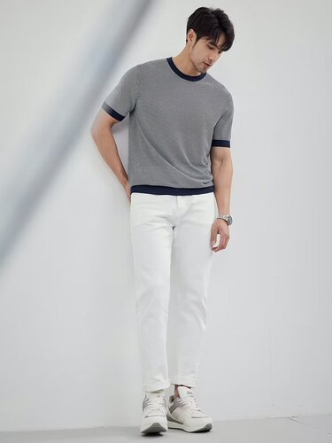 Ice Silk Round Neck Knit Short Sleeve Summer T-Shirt with Fine Stripes Half Sleeve Base Layer Thin Collor Blocking T-Shirt with Nautical Print