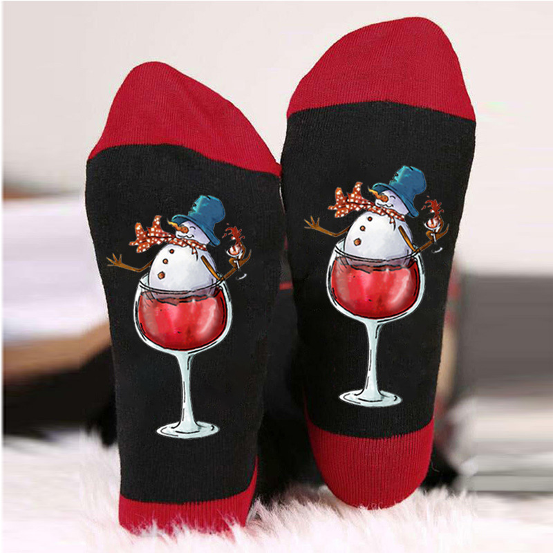 Calcetines navideños con letras de colores en contraste, estampado de muñeco de nieve, calcetines unisex de algodón con elementos navideños para comercio exterior.
