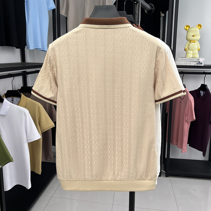 Hombres de mediana edad clásicos de color sólido semia cremallera solapa polo camiseta jacquard rayas de verano nuevo hombre camiseta de manga corta