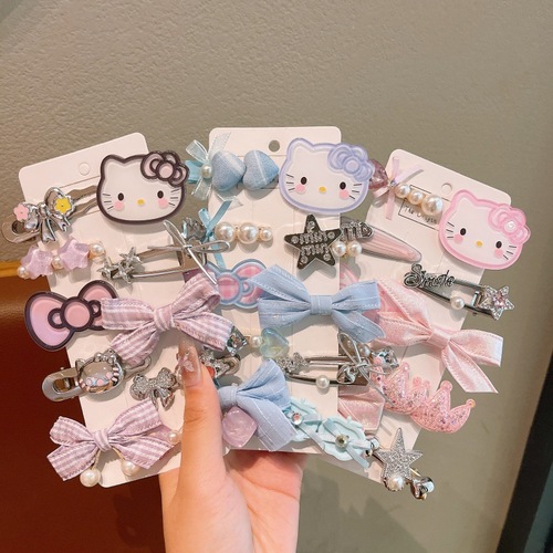 Children's hair clip cute cat side fringe hair clip fabric bow metal clip for girls versatile hair clip