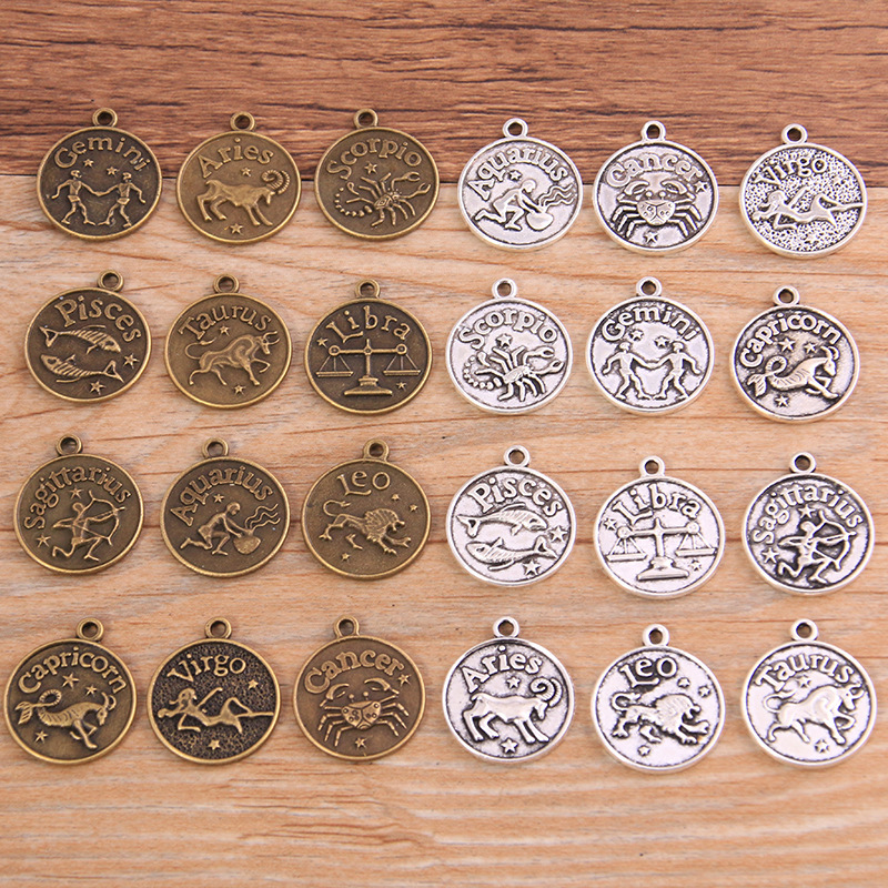 2 Colors 17X21Mm DIY Retro Alloy Jewelry Accessories 12 Zodiac Signs Pendant Charm Bracelet Necklace Accessories