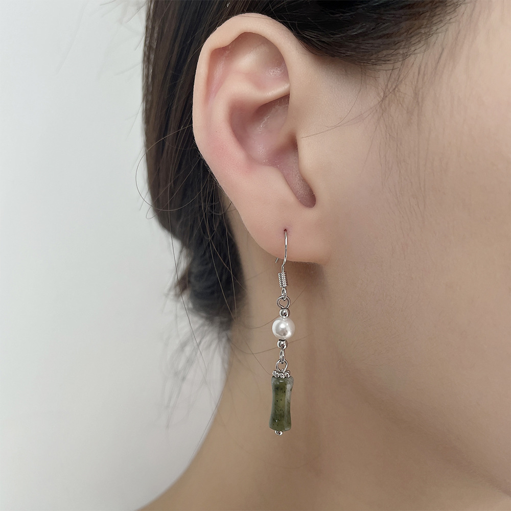 Bamboo Earrings for Women with Unique Design, High-End Jade Pearl Ear Hooks, 2026 New Model, National Trend