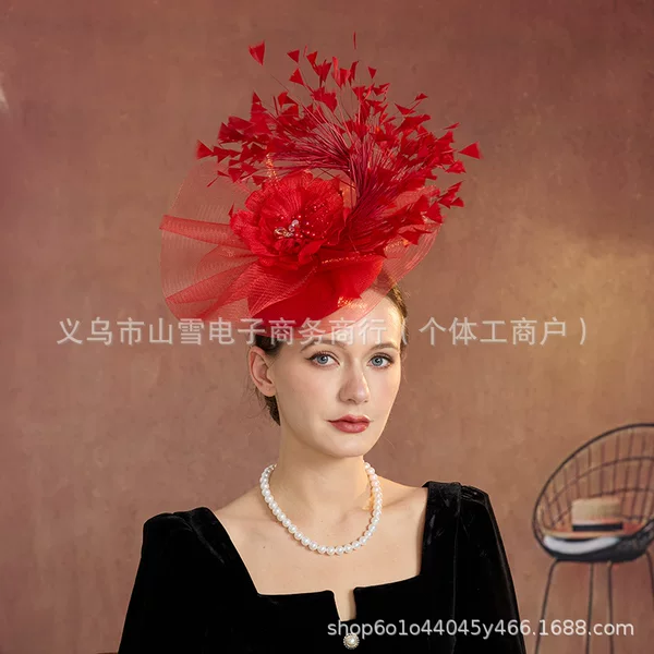 Cross-Border Mesh Headwear, Banquet Hair Accessories, Feather Head Flowers, Beaded Flower Mesh Headbands, Versatile Dress and Cheongsam Accessories