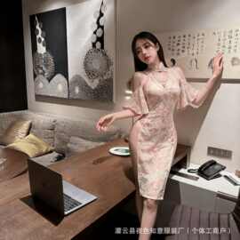 情趣内衣女性感镂空高腰开衩蕾丝长裙透视盘扣立领旗袍纯欲套装