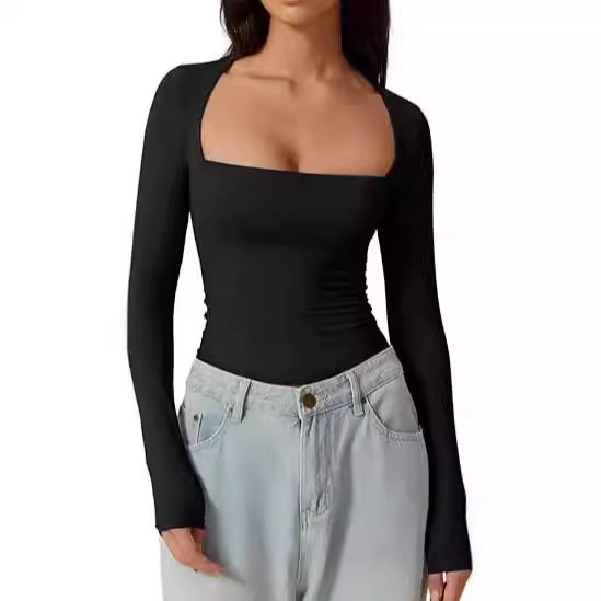 Cross-Border European and American Style Square-Neck Shirt, Autumn Long-Sleeve Pullover Slim-Fit Milk Silk T-Shirt, Elegant and Graceful