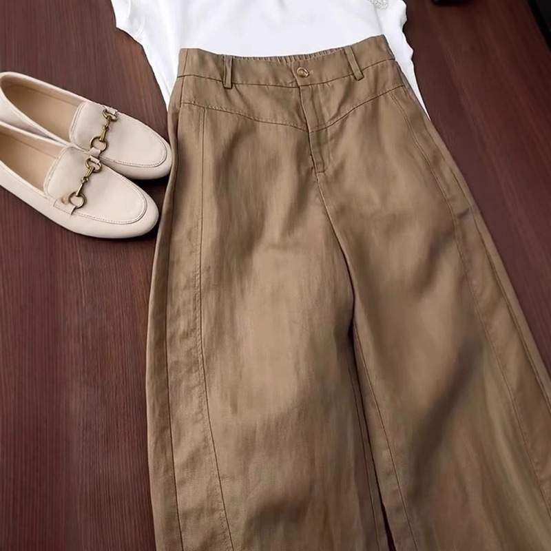 This Year's Popular Lazy Style High-Waisted Wide-Leg Pants for Women in Summer Brown Tencel Linen Loose and Comfortable Casual Pants