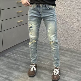 American Retro Patchwork Ripped Jeans for Men Trendy Brand Stylish Slim Fit Skinny Stretch Distressed Pants Men's Long Trousers