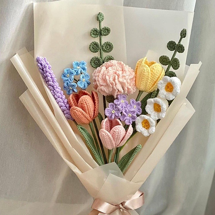 Tulipanes margaritas ramos tejidos a mano hilo de lana crochet flores terminadas para novias y novias regalos navideños
