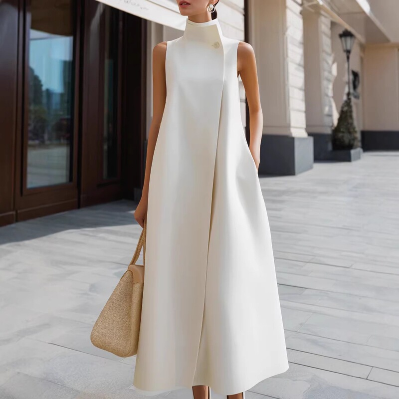 Large Stock of 2026 Amazon European and American Cross-Border Stand-Collar One-Button Sleeveless Long Dresses for Elegant Commuting Large Stock of 2026 Amazon European and American Cross-Border Stand-Collar One-Button Sleeveless Long Dresses for Elegant Commuting