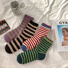 红色条纹袜子女秋款日系潮ins运动外穿百搭糖果色中筒袜堆堆袜