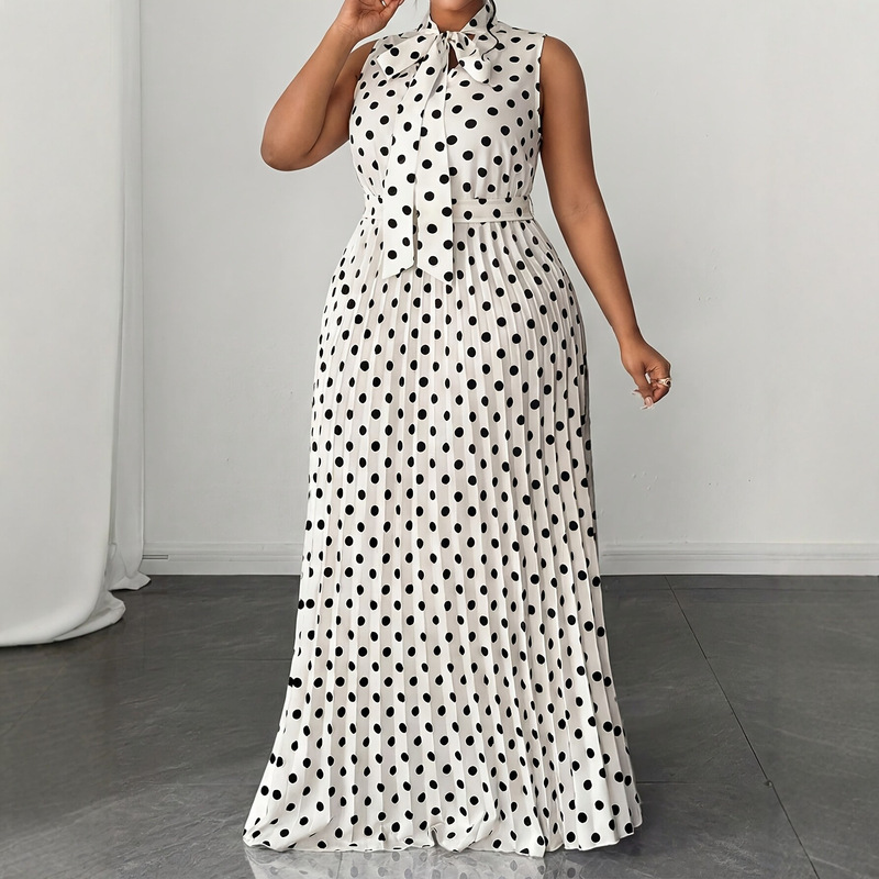 European and American Cross-Border Foreign Trade 2026 Summer New Plus-Size Women's Dress Polka Dot Sleeveless Tie-Up Mid-Length Dress European and American Cross-Border Foreign Trade 2026 Summer New Plus-Size Women's Dress Polka Dot Sleeveless Tie-Up Mid-Length Dress