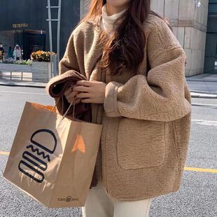 2022 Autumn, Winter, Spring and Summer High-End Korean Style Gentle Niche Design Thickeneded Lamb Wool Jacket Women's Coffee Color Short Style