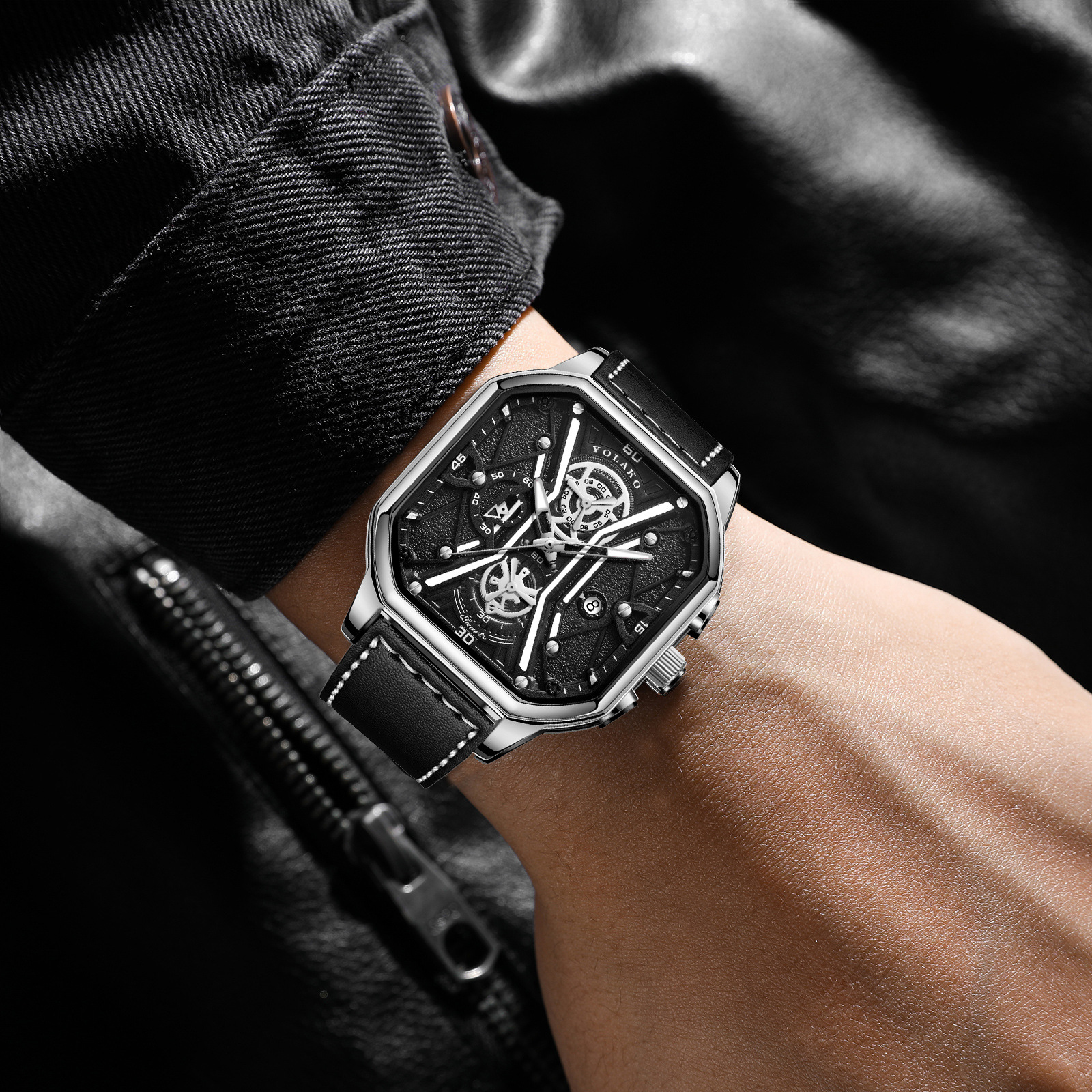 New square men's watch Fashion shaking tape and double dial temperament student wristwatch_voghion.com