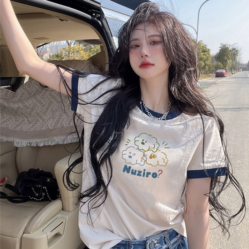 2024 New Summer Design Sense Niche Slim-fit White Contrast Color Short-sleeved T-shirt Women's Round Neck T-shirt Top Trendy Ins