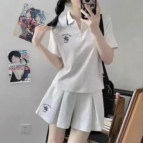 Laid-back sporty set, college style, regular shoulder POLO collar T-shirt, JK short skirt, summer women's clothing set outfit