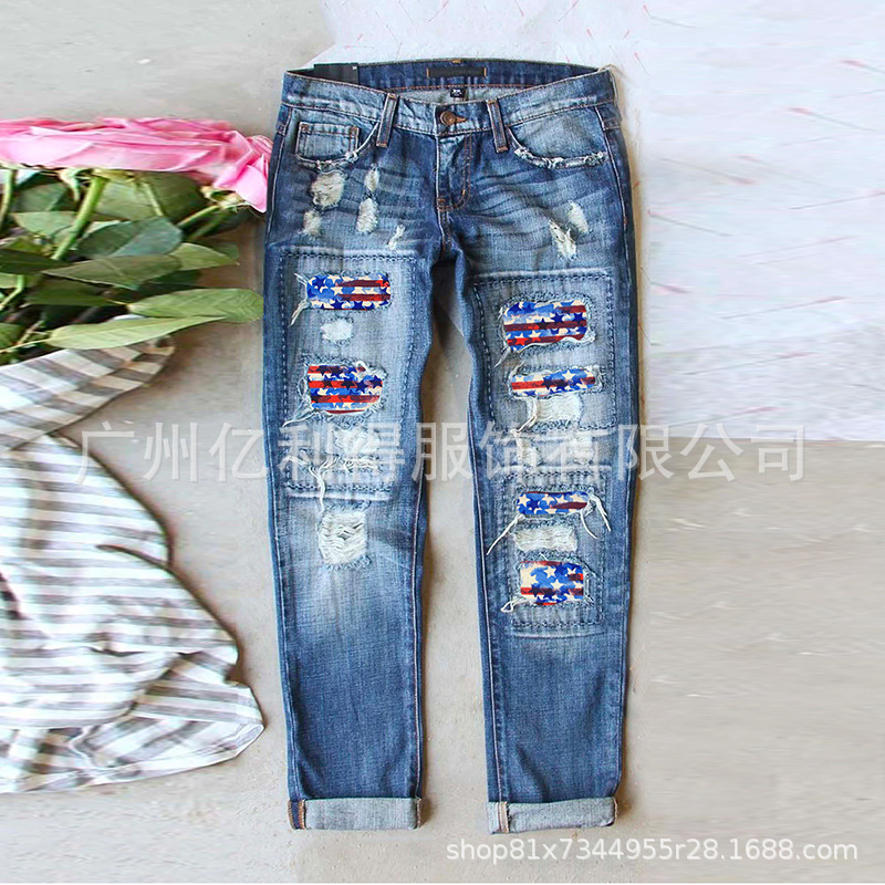 2022 Spring and Summer Shorts European and American Cross-border Softball Printed Tape Elegant Commuter Straight Pants Jeans Shorts Women