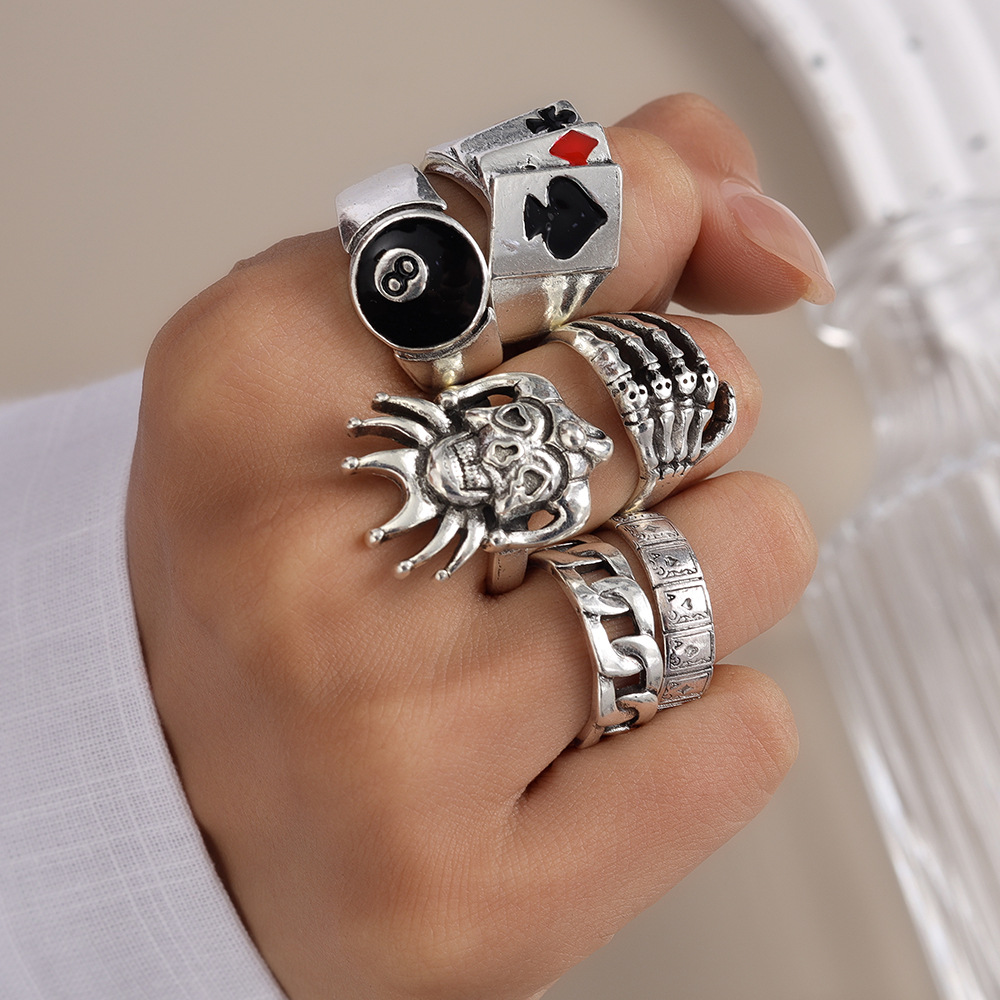 Retro Skull And Poker Card Ring Set For Men Hip Hop Style_voghion.com