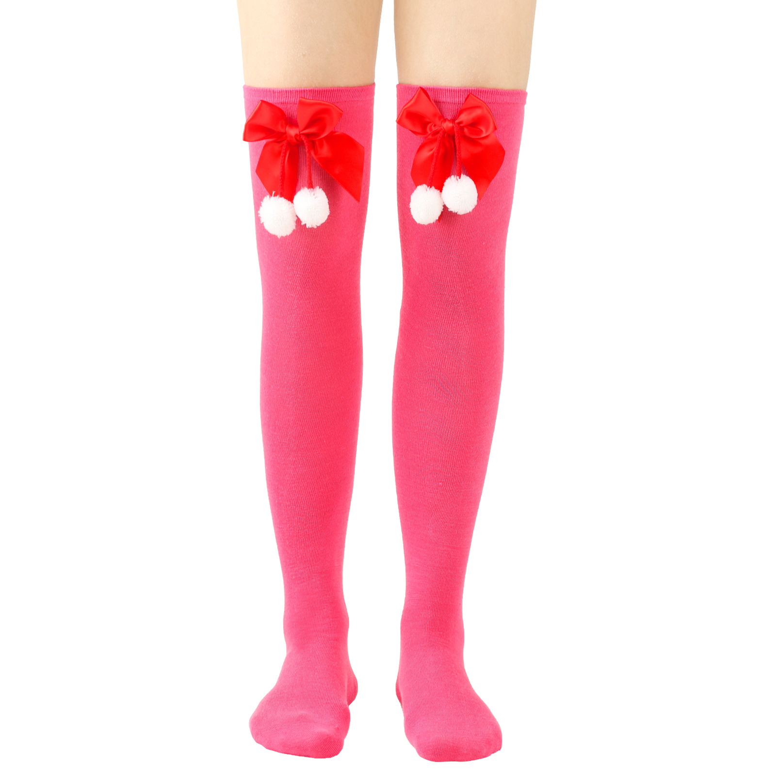 Calzini natalizi unisex con fiocco, calzini a palla, sopra il ginocchio, calzini lunghi da donna, calzini natalizi a righe_voghion.com