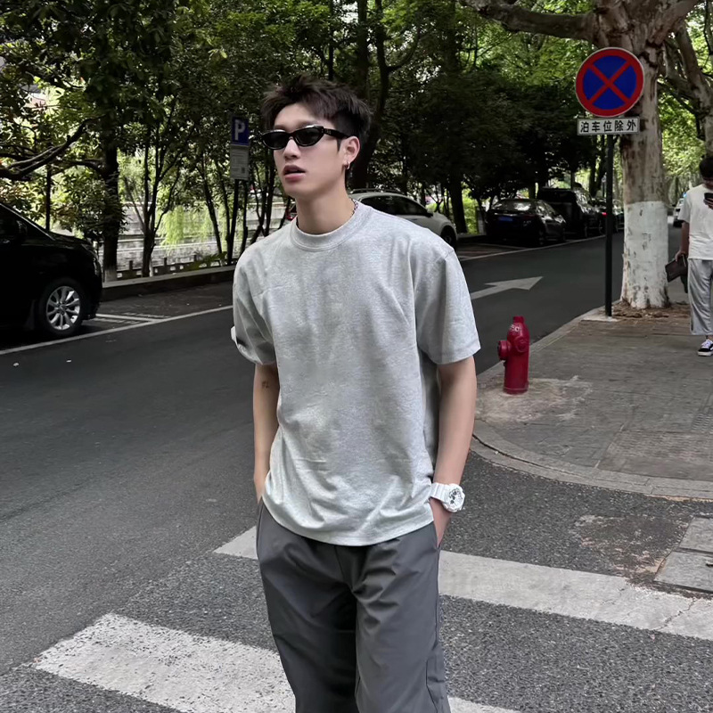 Casual Joker Small Collar Short-Sleeved Men's Summer Pure Cotton Heavy American Shoulder T-Shirt for High Muscle Feeling