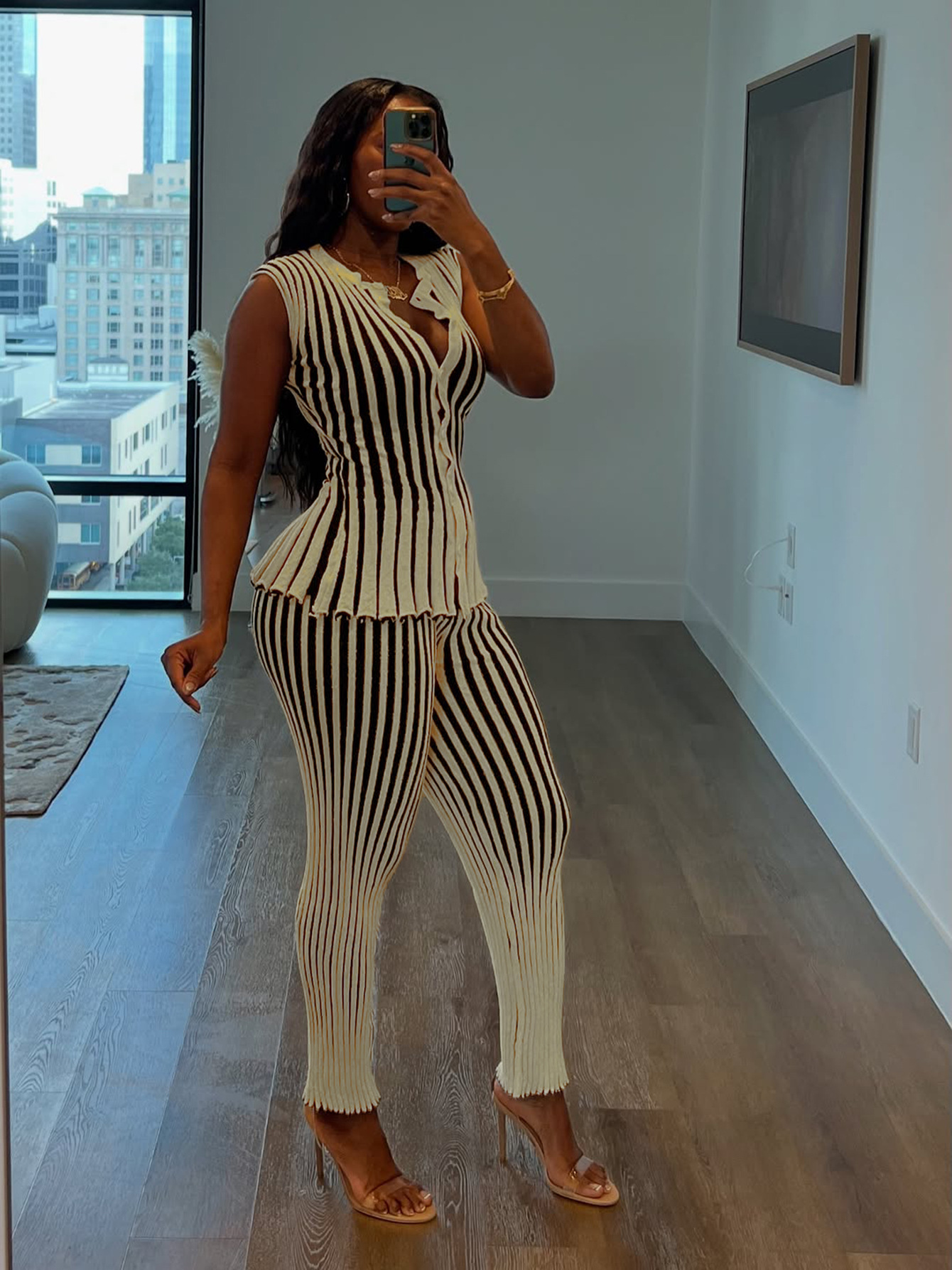 Modisches Gestreiftes Strick-set Mit Cardigan Und High-waist-hose_voghion.com