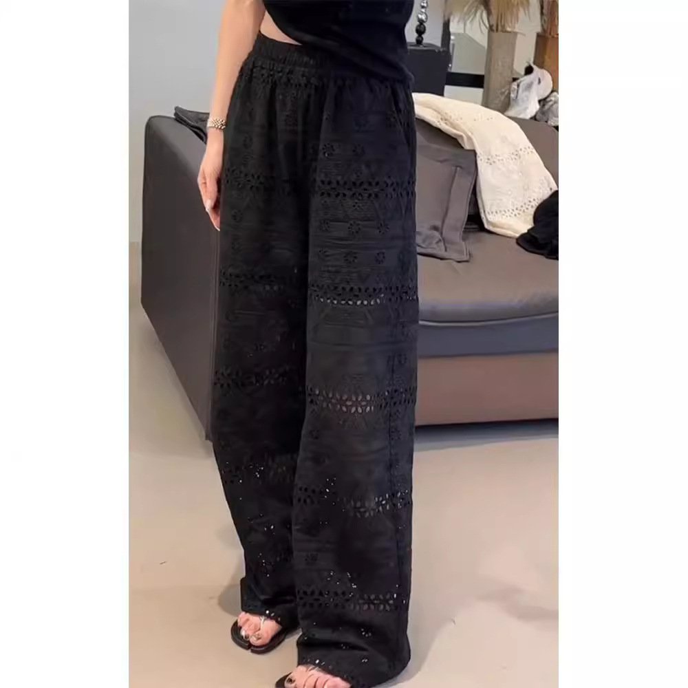 Plus Size High Waisted Lace Hollow Out Wide Leg Pants Summer Thin Loose Slimming Casual Straight Leg Pants For Women_ecoleips.com
