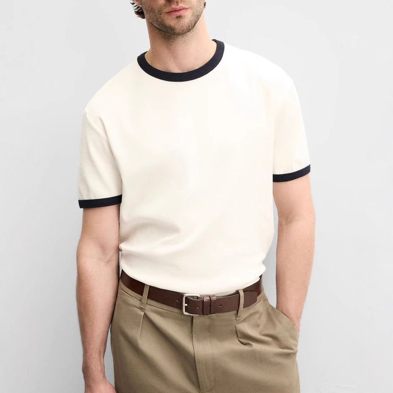 Men's Contrast Color Ribbed Basic T-Shirt