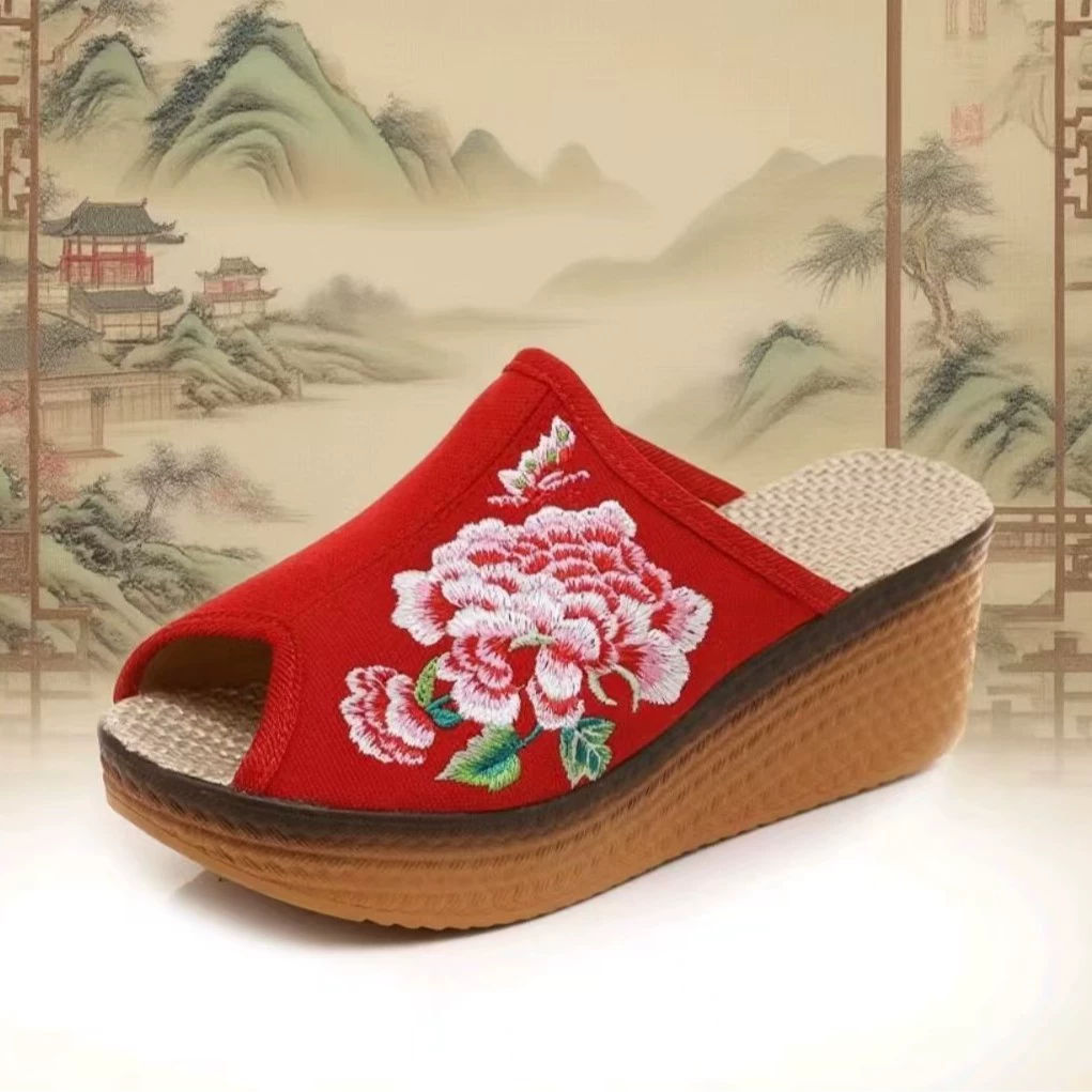 Summer wedge slide sandals women, 5.8 cm heel, embroidered upper — multi colors, sizes 35–41
