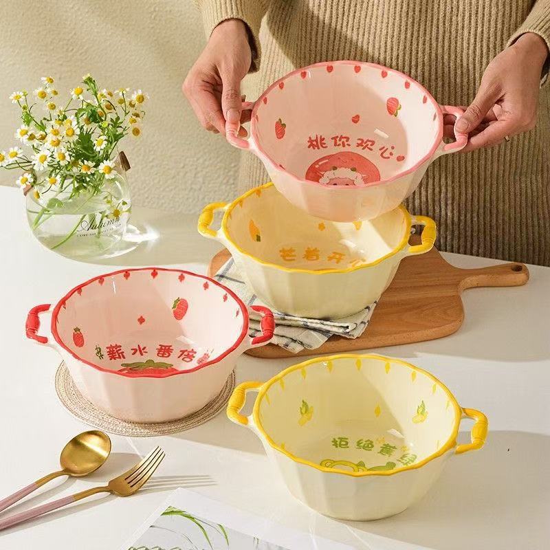 Underglaze Color Double-Eared Ceramic Bowl Instant Noodle Bowl New Cute Salad Bowl Cartoon Snail Noodle Student Home Soup Noodle Bowl