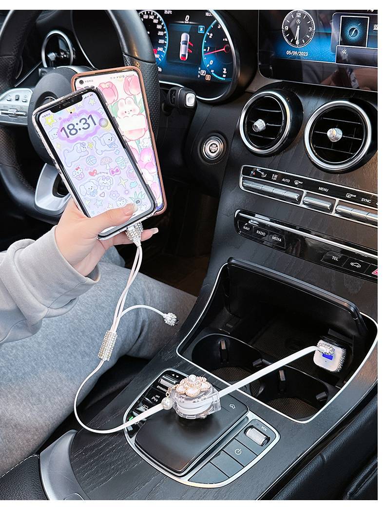 Car Charger Fast Charging Cigarette Lighter Light Luxury Car One to Three Multi-Function Telescopic Three-In-One Mobile Phone Data Cable