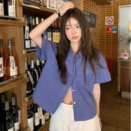 日系蓝色polo领格子短袖衬衫女夏季小个子宽松百搭衬衣跨境上衣女