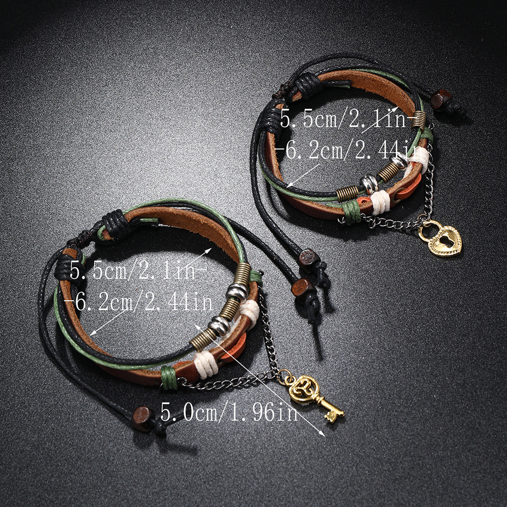 Retro Key Lock Pu Leather Alloy Wax Line Knitting Couple Bracelets display picture 3