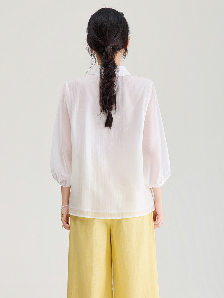 Áo sơ mi nữ tay lỡ thêu hoa tay chất liệu tencel cao cấp — màu trắng