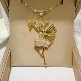 新款韩版钛钢镶钻芭蕾女孩胸针百搭气质女士百搭时尚锁骨链条吊坠