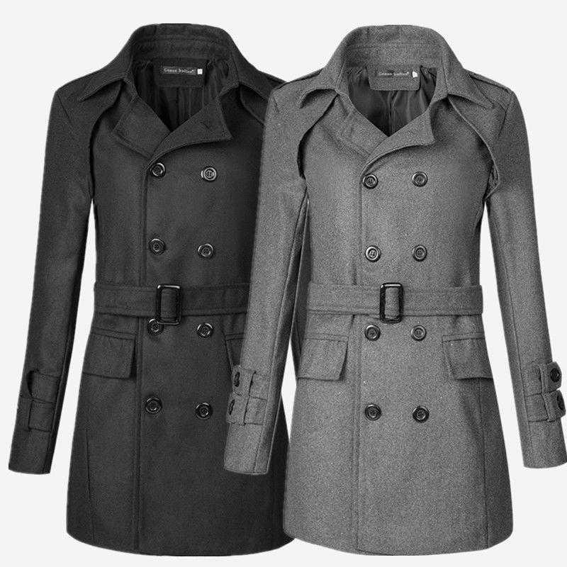 Abrigo retro británico de mediana longitud hebilla abrigo de lana de doble fila de lana engrosada para hombres cinturón rompevientos Delgado Otoño e Invierno estilo japonés