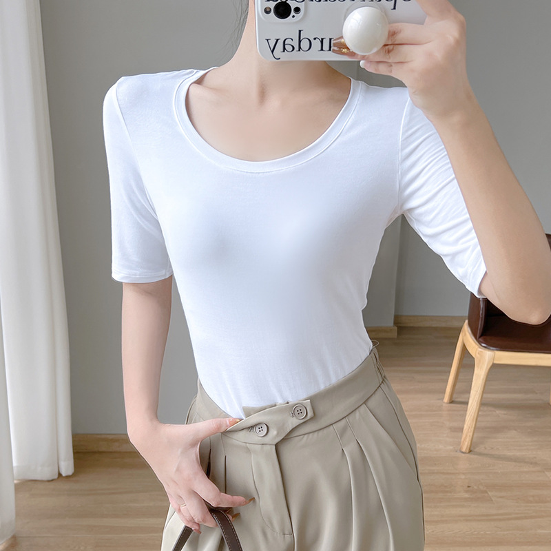 모달 반팔 티셔츠 여성용 이너 라운드 넥 미드 슬리브 여름 새로운 우아한 통기성 모든 매치 베이스 탑 여성 의류