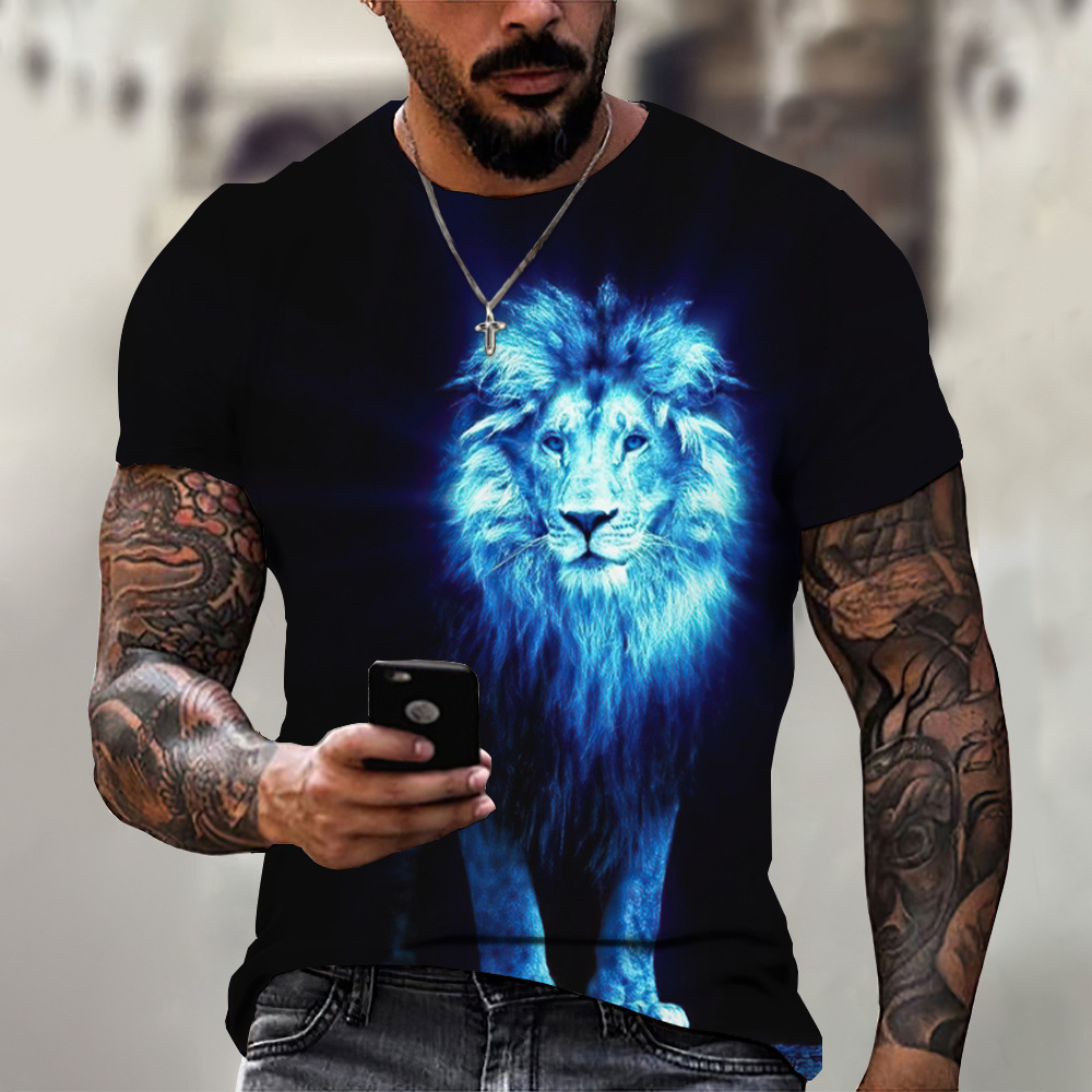 Cross-Border 2023 Summer New European and American Trendyy Lion Series 3D Digital Printing Men's Round Neck Short-Sleeved T-Shirt
