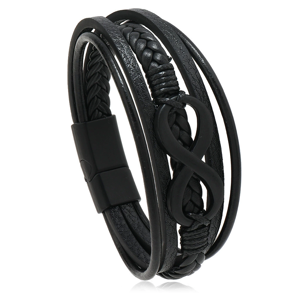 Men's PU Leather Bracelet RH360, Multi-Layer Beaded & Alloy Accents, 21.5 cm