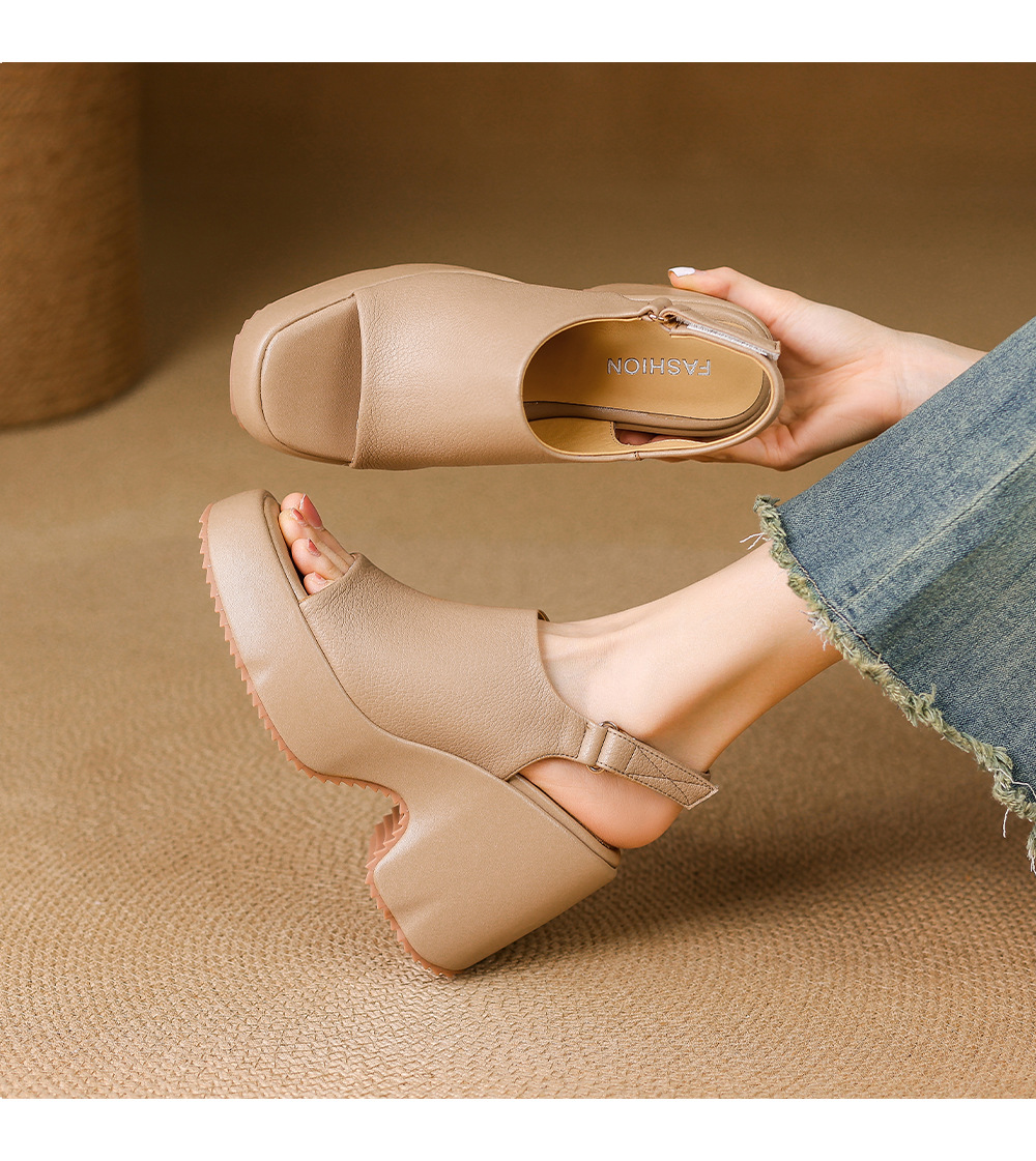 Sandal cao gót nữ hở mũi đế xuồng da bò mềm quai dán — màu trắng ngà, màu mơ chi tiết 6