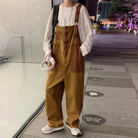 日系潮牌工装吊带裤男港风设计感宽松多口袋潮流拼色休闲背带裤潮