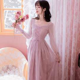 春秋新款 淡紫色蕾丝绣花连衣裙很仙的网纱长裙